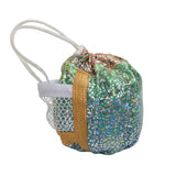 A small drawstring pouch with a holographic mosaic pattern in shades of green, blue, and silver, featuring a tan strap and white drawstring cords, set against a plain white background.