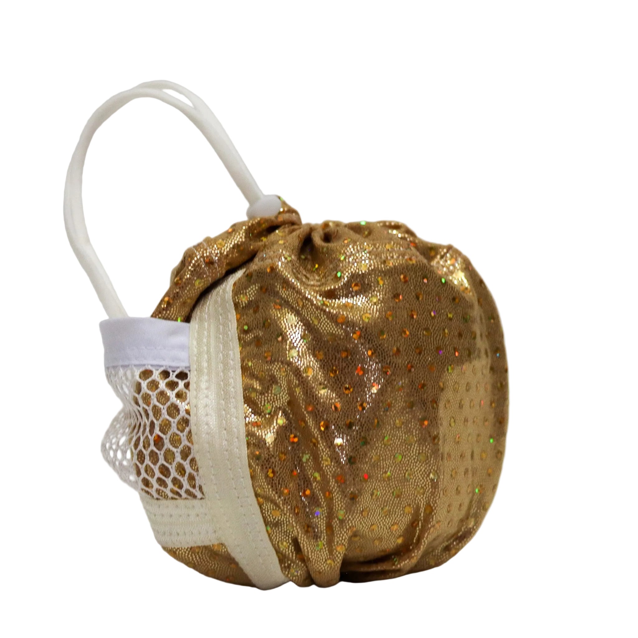 A small gold sequined drawstring bag with a white mesh side pocket and white strap, photographed on a plain light background.