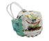 A small fabric drawstring pouch with white elastic loops and a mint green mesh side pocket, printed with a watercolor wheelbarrow and flowers on a white background.