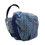 A small fabric drawstring bag with a light blue chevron pattern, pink leaf accents, a dark blue mesh side pocket, and a dark blue top handle, shown on a plain light gray background.