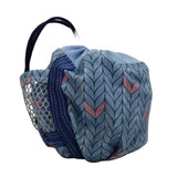 A small fabric drawstring bag with a light blue chevron pattern, pink leaf accents, a dark blue mesh side pocket, and a dark blue top handle, shown on a plain light gray background.