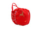 A red fabric drawstring pouch with a side mesh pocket decorated with white snowflakes, featuring a tan embroidered reindeer on the front.