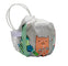 A small fabric pouch with a white handle, featuring a gray polka-dot body, and a colorful print of an orange cat and other cartoon characters on the front.