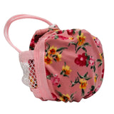 A pink fabric pouch in floral print, featuring a pink elastic strap and a white mesh pocket on the side.