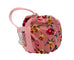 A pink fabric pouch in floral print, featuring a pink elastic strap and a white mesh pocket on the side.