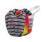 A handmade face mask cover made from a gray striped heather fabric, decorated with a rainbow heart, a pink heart, and a bright rainbow-striped elastic band, shown on a white background.