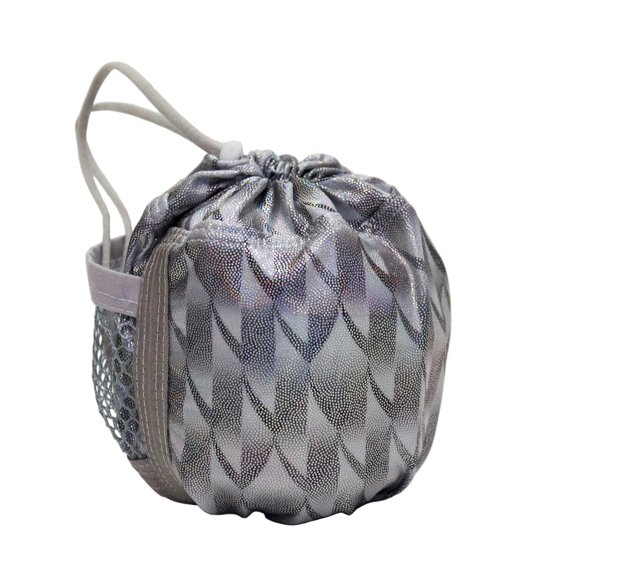 A small drawstring pouch with a metallic silver and gray geometric pattern, featuring a side mesh pocket and light gray drawstring cords, set against a plain white background.