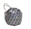 A small drawstring pouch with a metallic silver and gray geometric pattern, featuring a side mesh pocket and light gray drawstring cords, set against a plain white background.