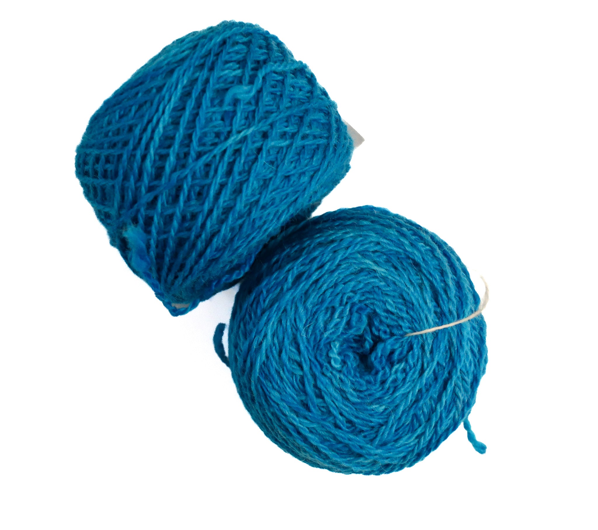 Two balls of teal blue yarn on a plain white background.