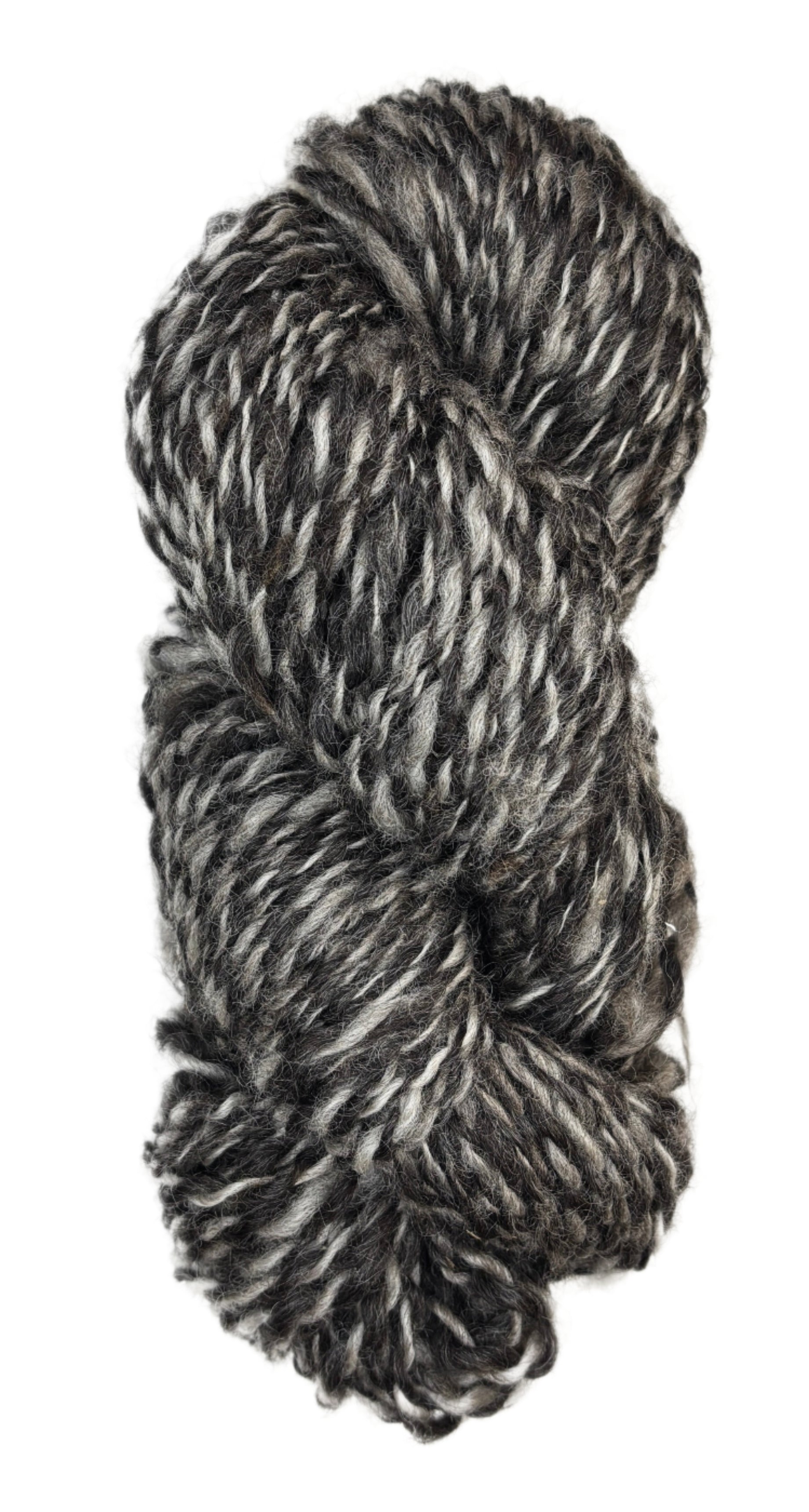 grey and black skein of handspun yarn