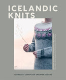 Book cover of 'Icelandic Knits' with a person wearing a colorwork sweater against a blurred background.