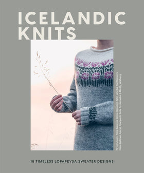 Book cover of 'Icelandic Knits' with a person wearing a colorwork sweater against a blurred background.