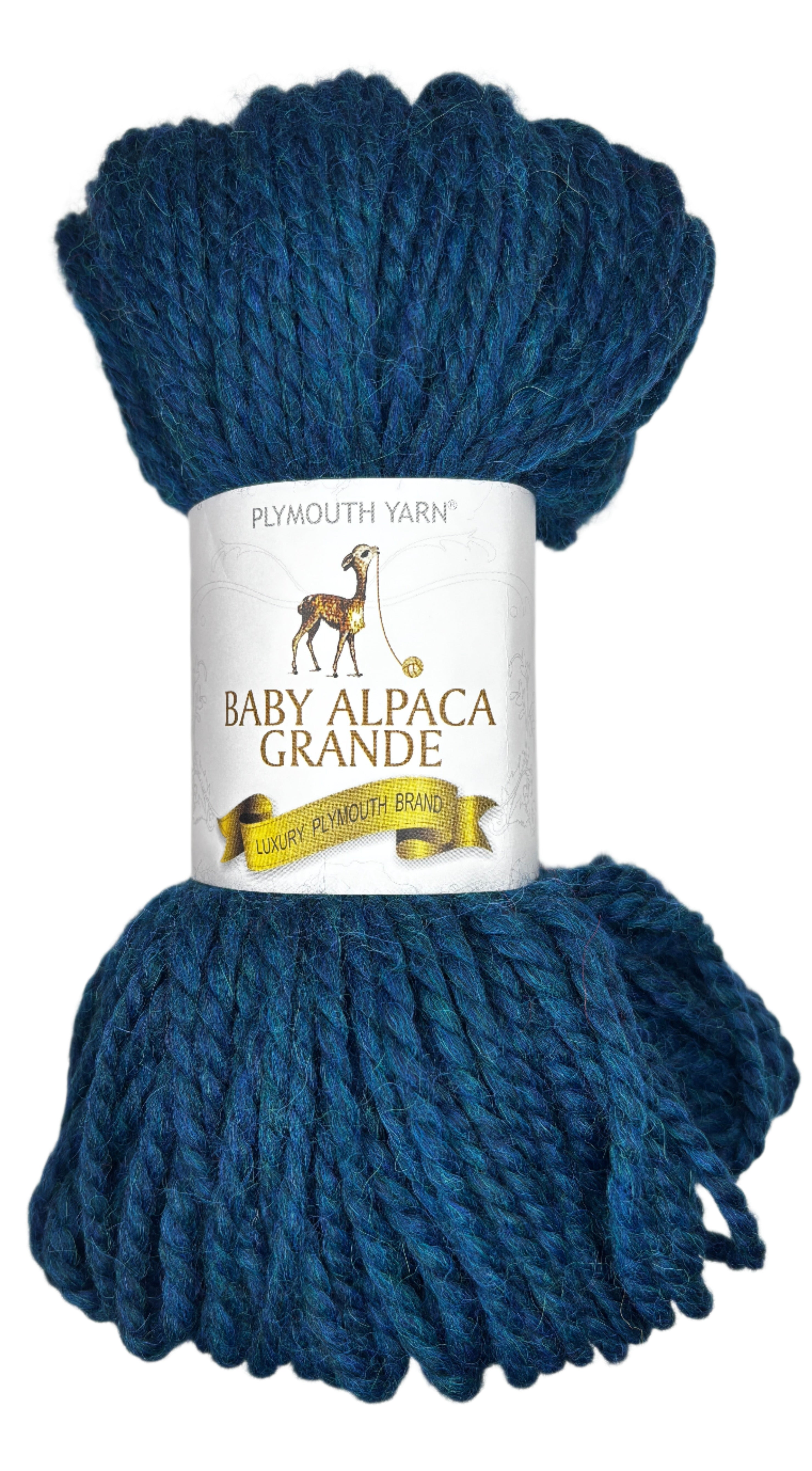 Teal skein of yarn with a label on a white background