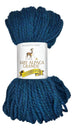 Teal skein of yarn with a label on a white background