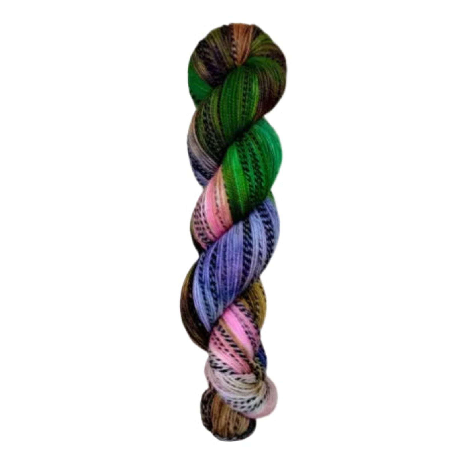 Multi colored green, brown, pink, and purple yarn on a zebra (black and white striped) base