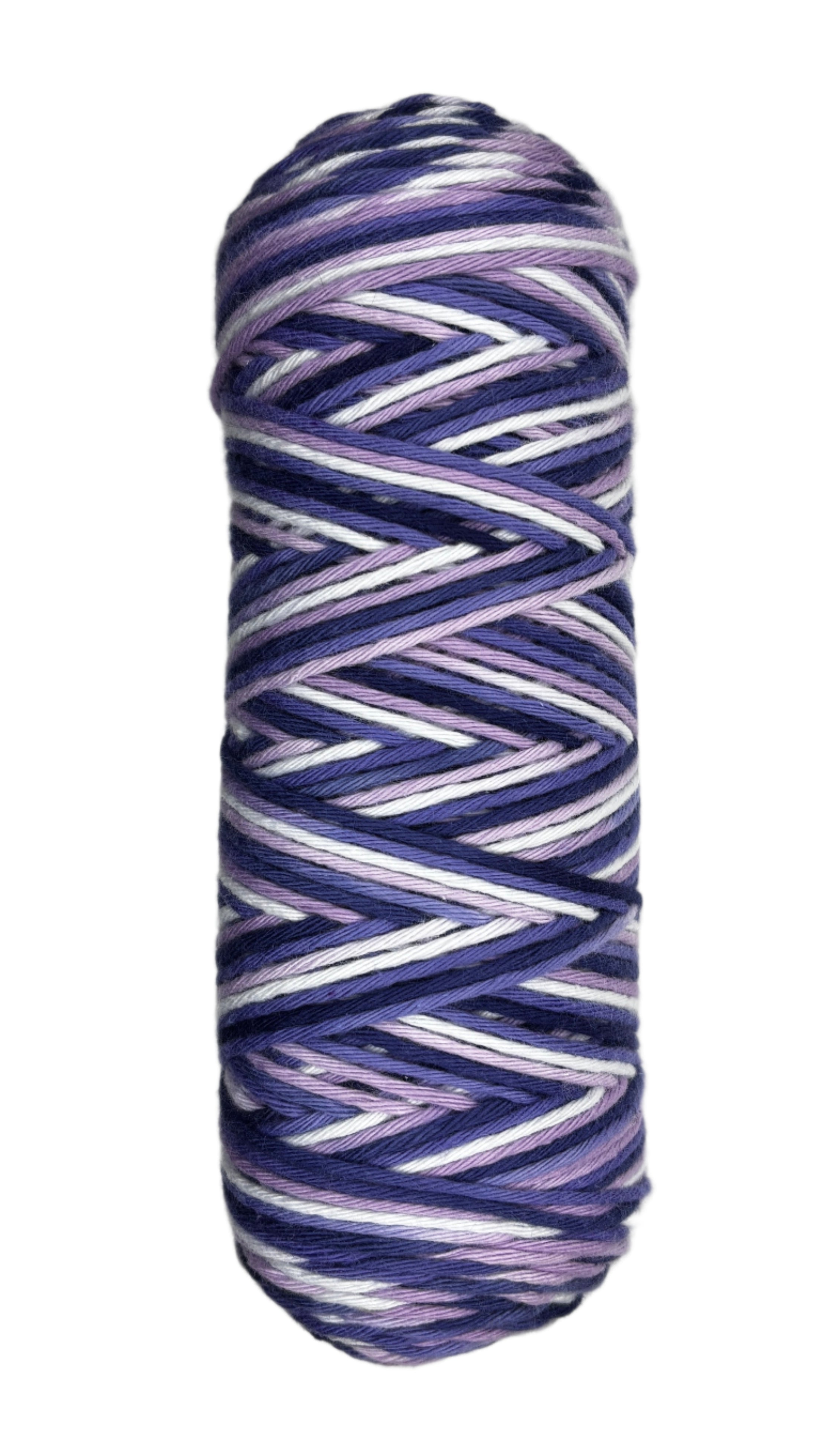 White, purple, Navy striped skein of yarn