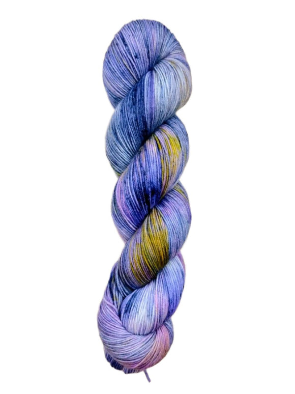 Blackbird Sycamore Fingering Mini Skein Yarn Color purple blue yellow pink speckles