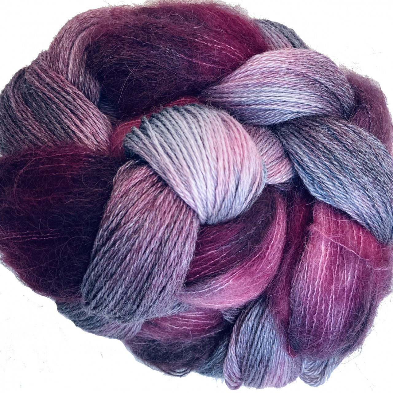 Red, silver, white, burgundy skein of yarn