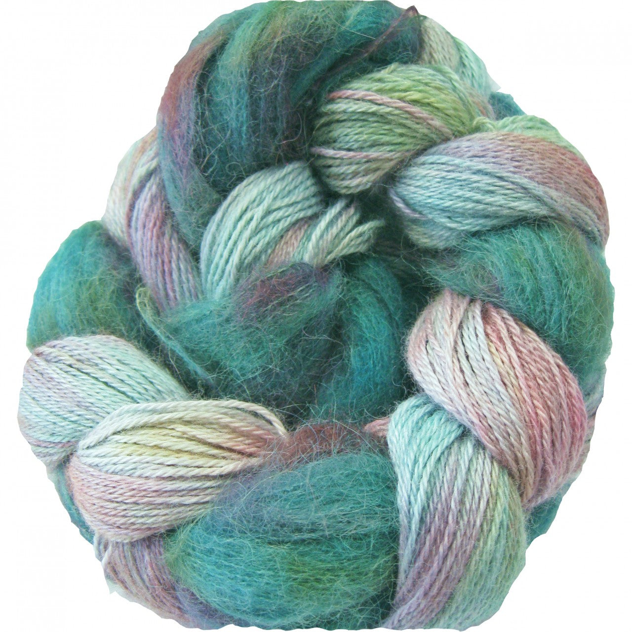 Teal, pink, blue skein of yarn