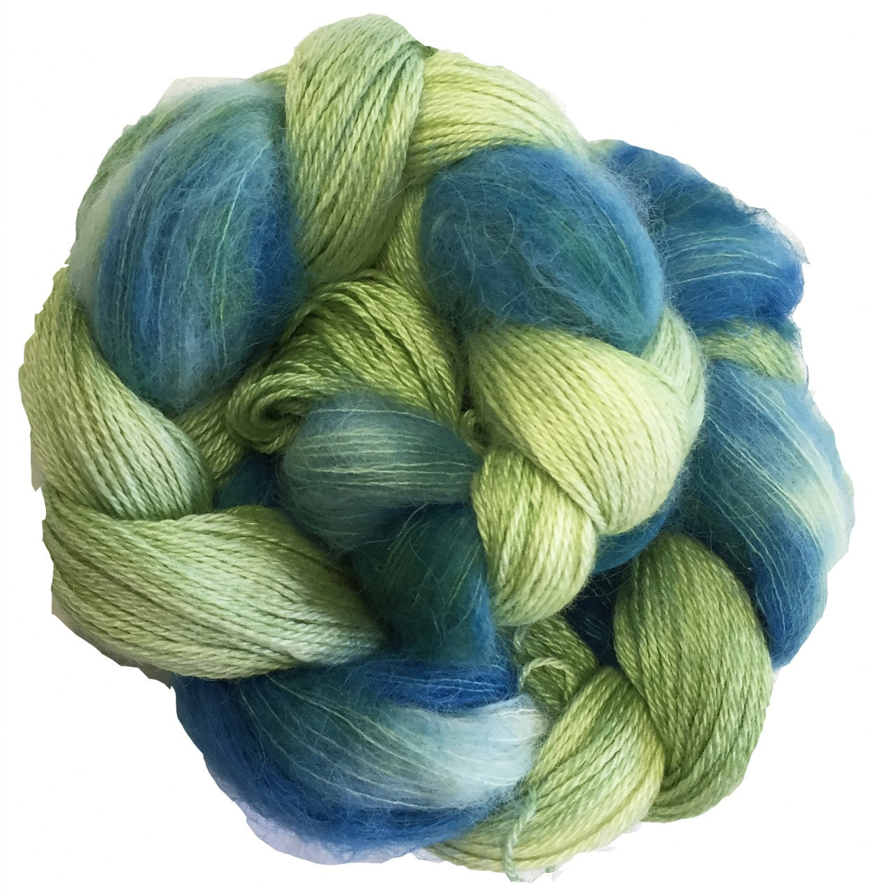 Light green and blue skein of yarn