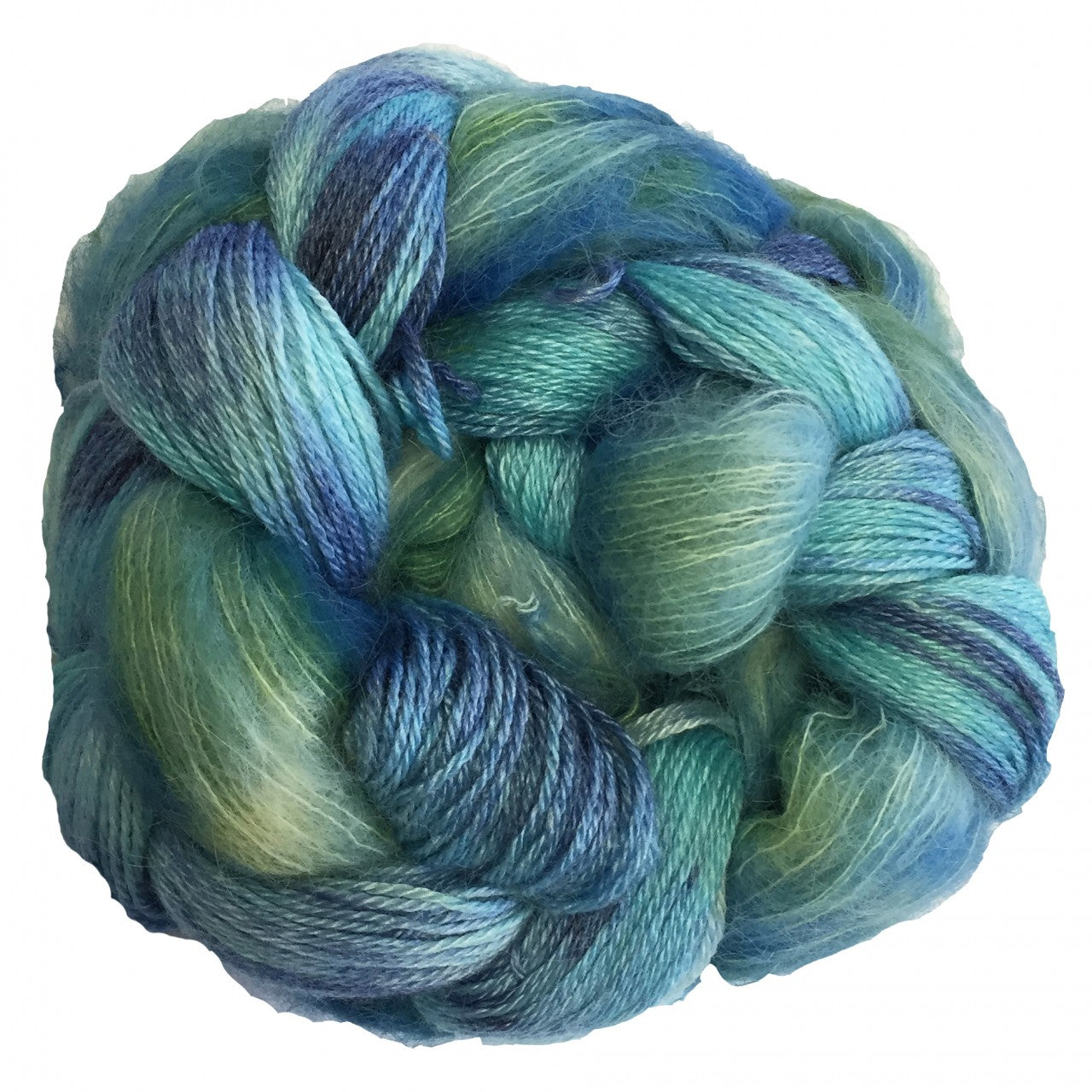 Navy blue and eggshell blue skein of yarn