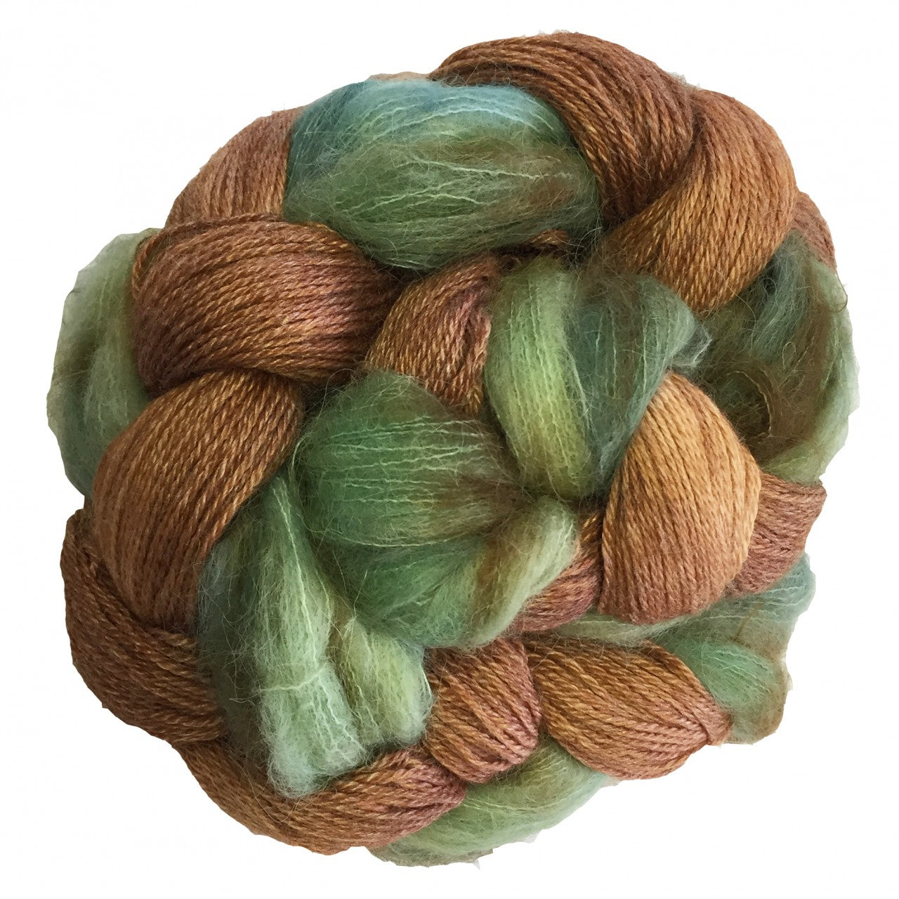 Brown, green and blue skein of yarn