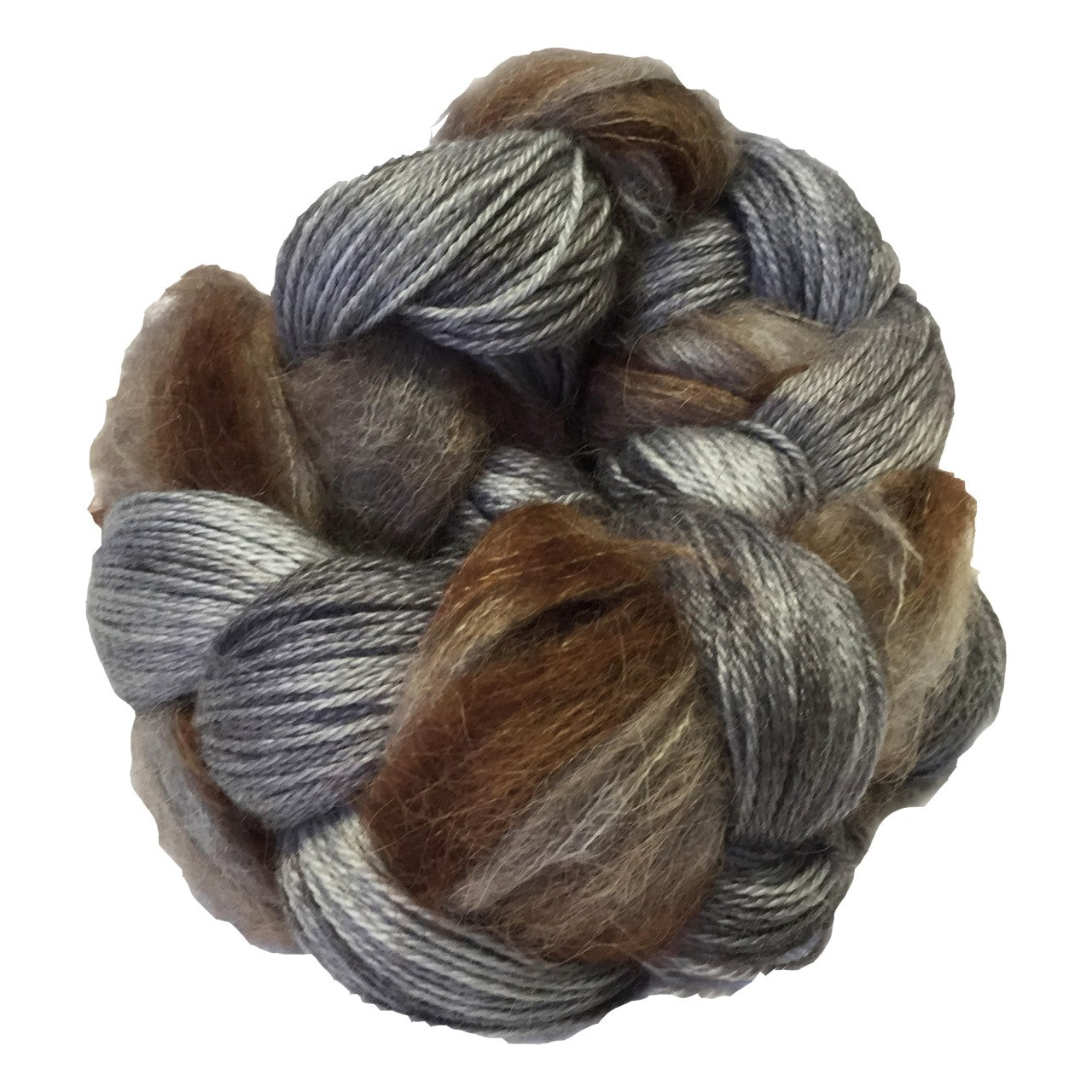 Silver, beige, and brown skein of yarn