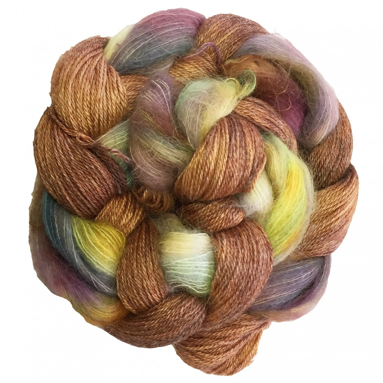 Brown, purple, yellow skein of yarn