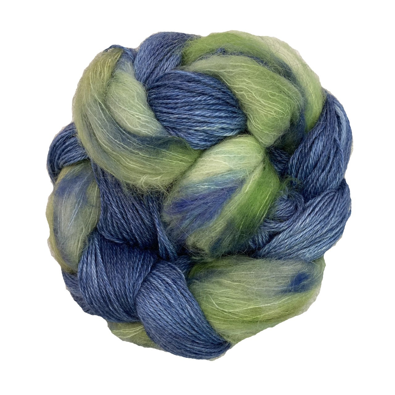 Grass green and navy blue skein of yarn