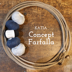 A coiled piece of thick beige rope or cord arranged in a circle on a rustic wooden surface, with four skeins of yarn in off-white, navy, and black placed on the left. White text in the center reads 'KATIA Concept Farfalla.