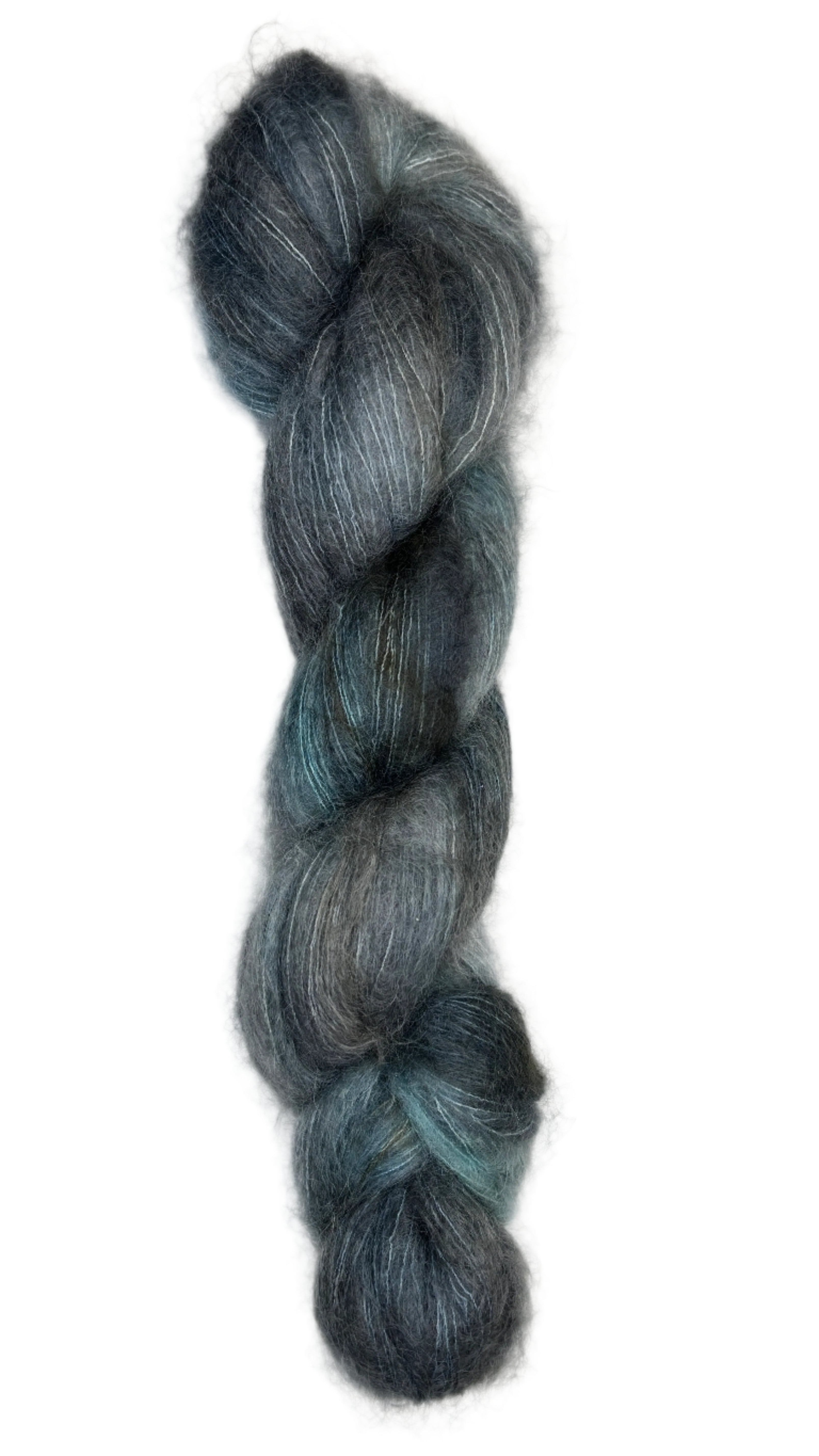 Skein of mohair silk yarn hand-dyed in Wyoming in the color grey blue black