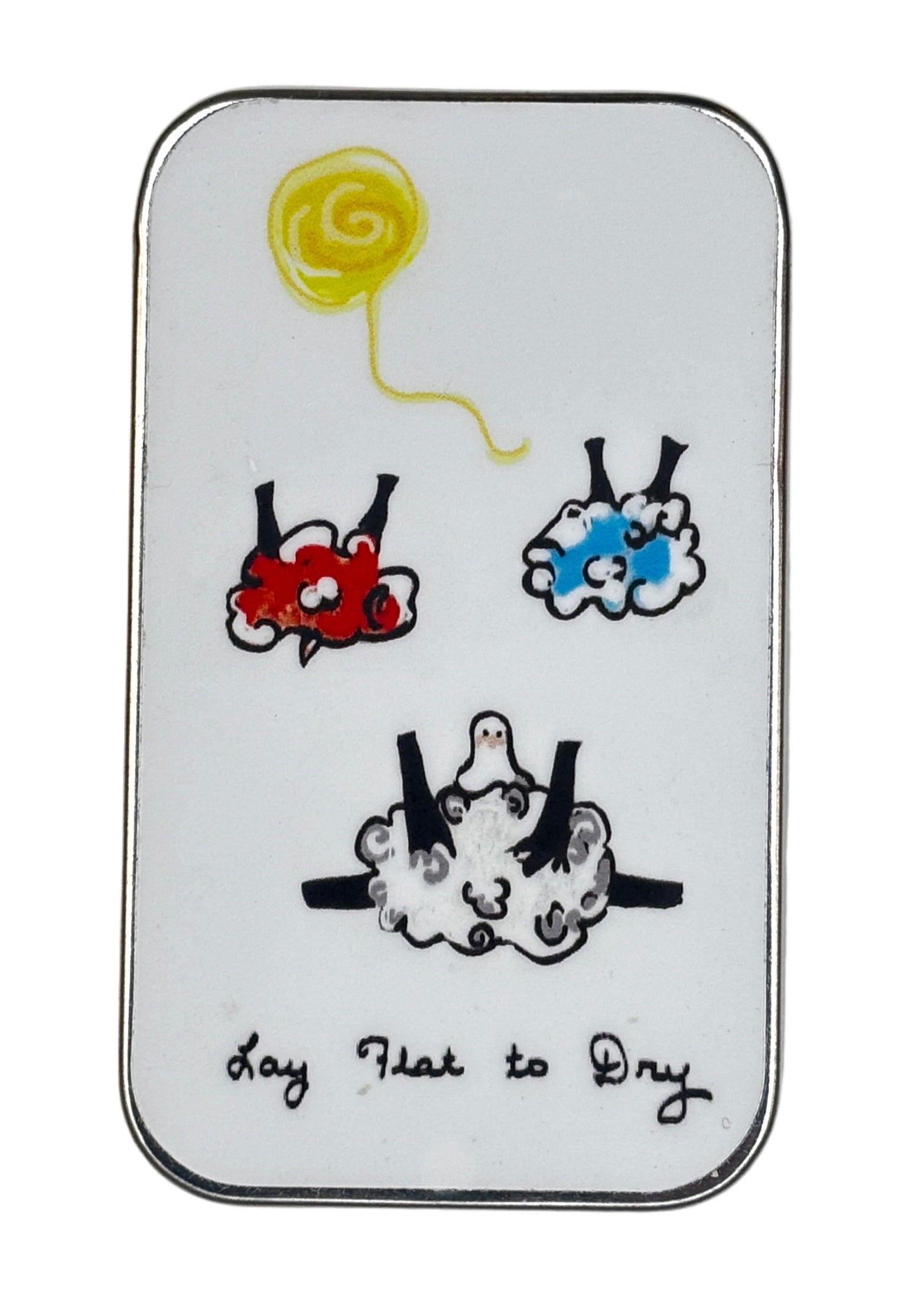 Small rectangular tin with a cartoon design of sheep lying down on a white background