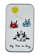 Small rectangular tin with a cartoon design of sheep lying down on a white background