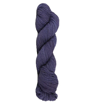 Blue skein of mountain meadow wool yarn on a white background