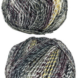 Burgundy, yellow, white, grey skein of yarn