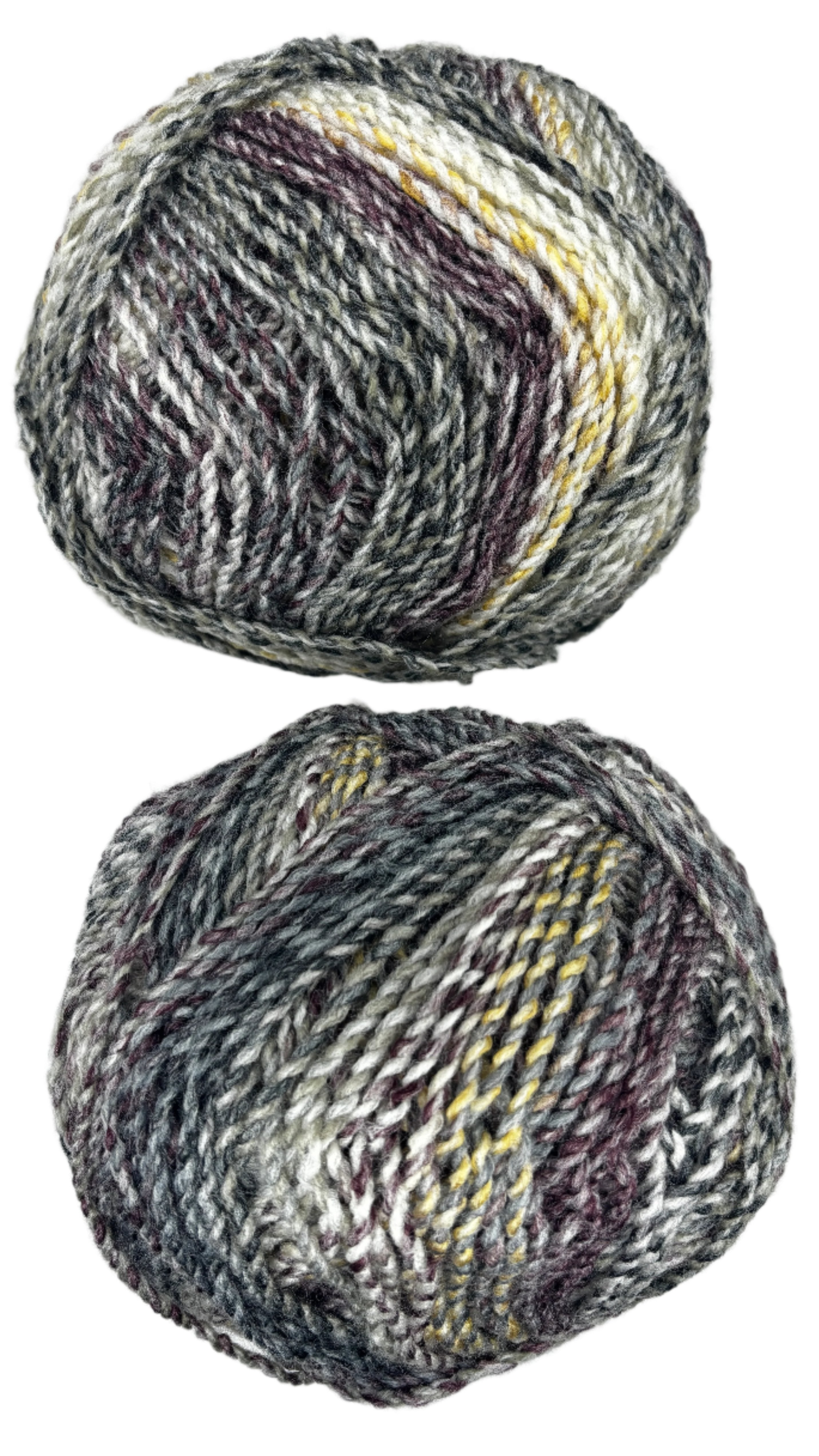 Burgundy, yellow, white, grey skein of yarn