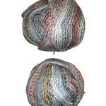 Two skeins of multicolored yarn on a white background