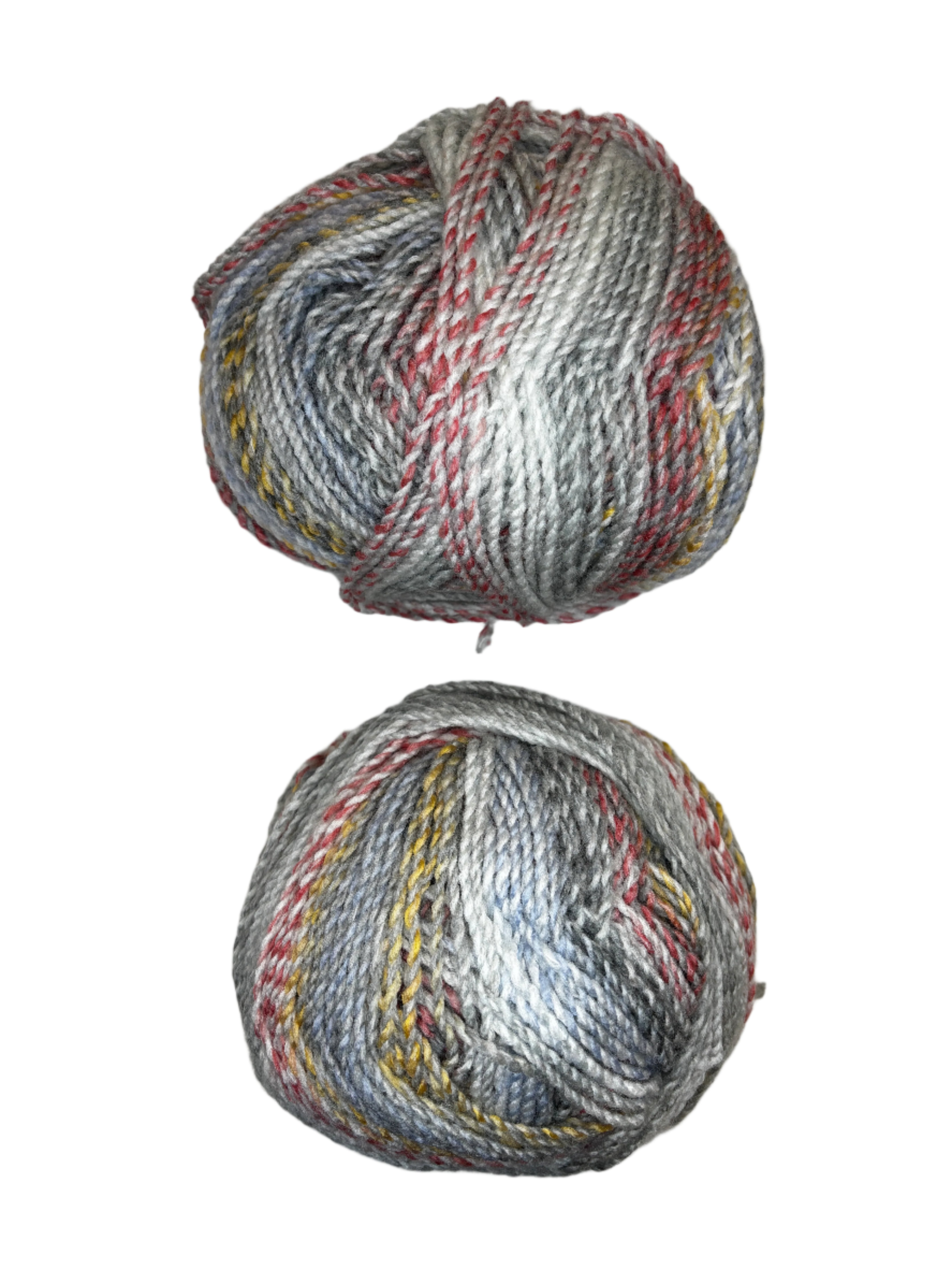 Two skeins of multicolored yarn on a white background