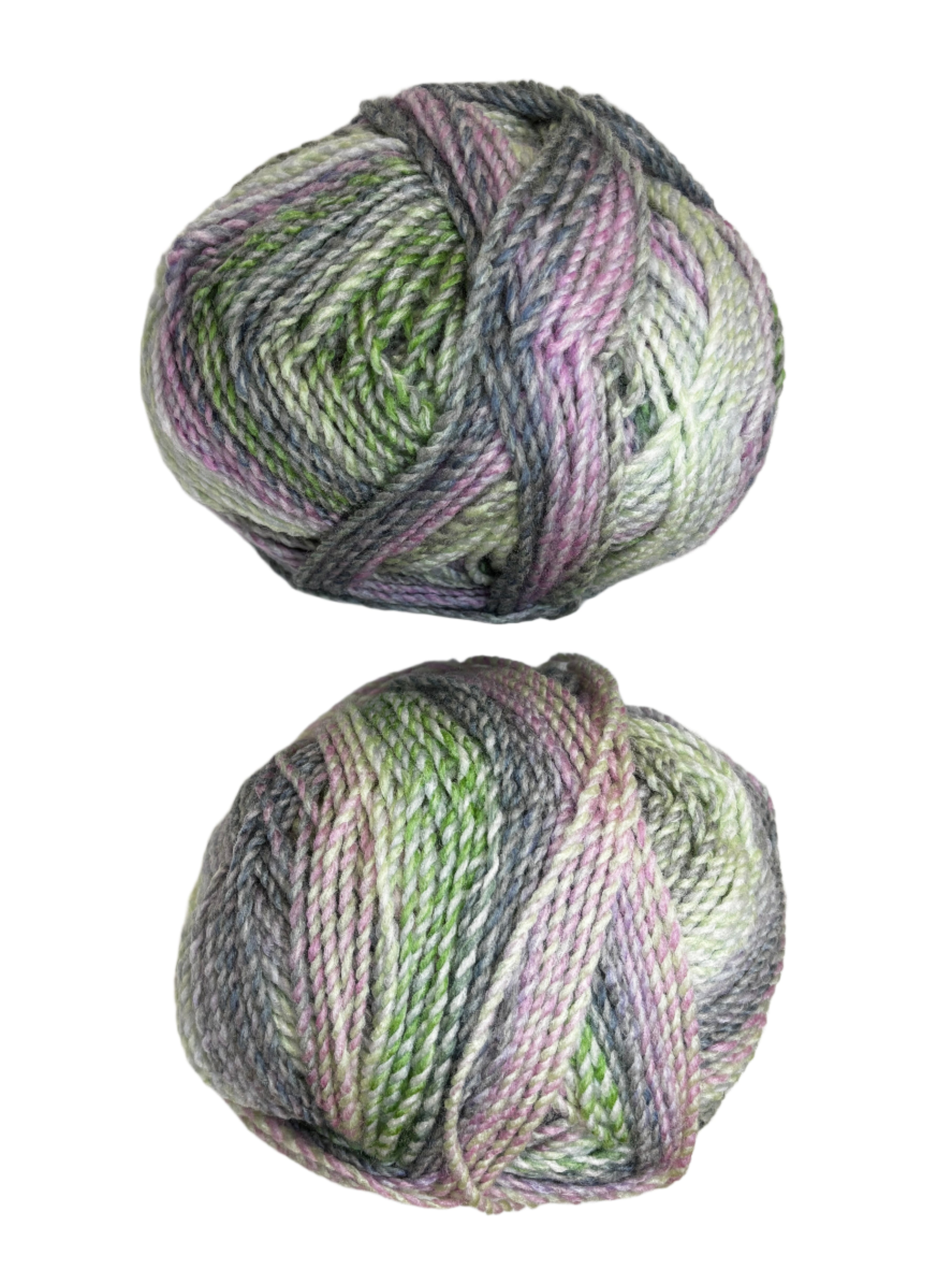 Two balls of multicolored yarn on a white background