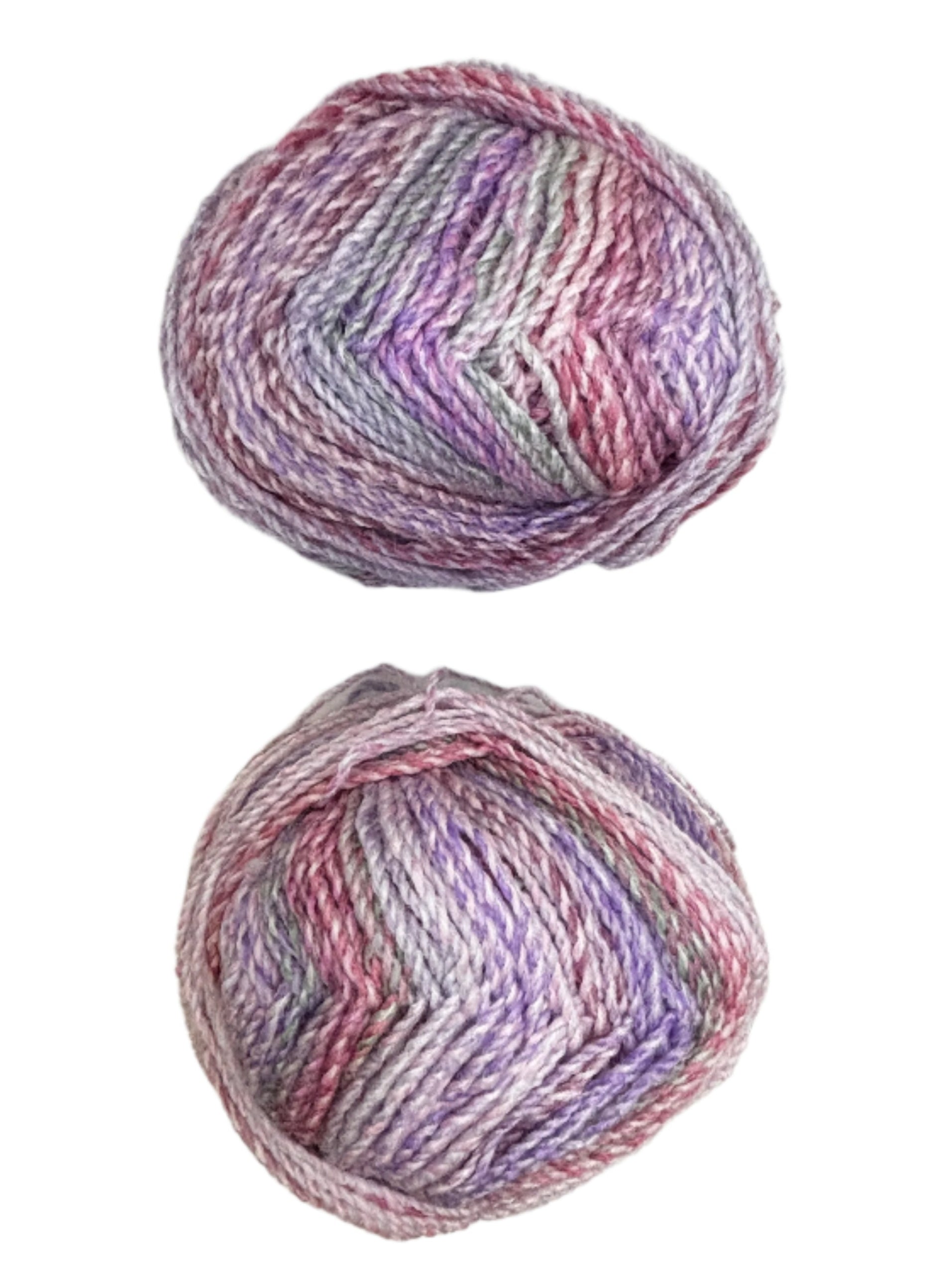 Two skeins of multicolored yarn on a white surface