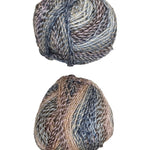 Two skeins of multicolored yarn on a white surface