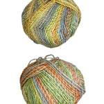 Two balls of multicolored yarn on a white surface