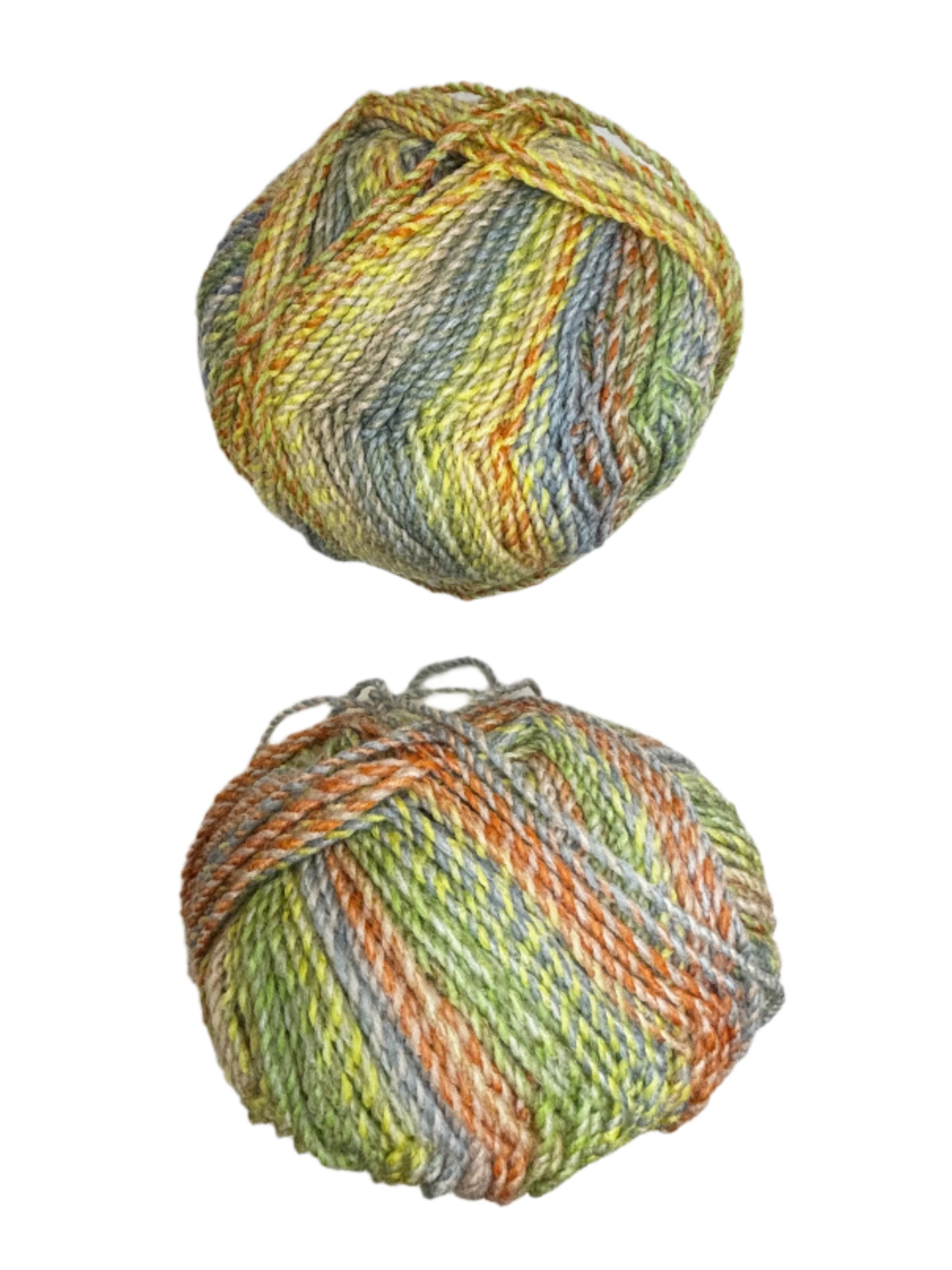 Two balls of multicolored yarn on a white surface