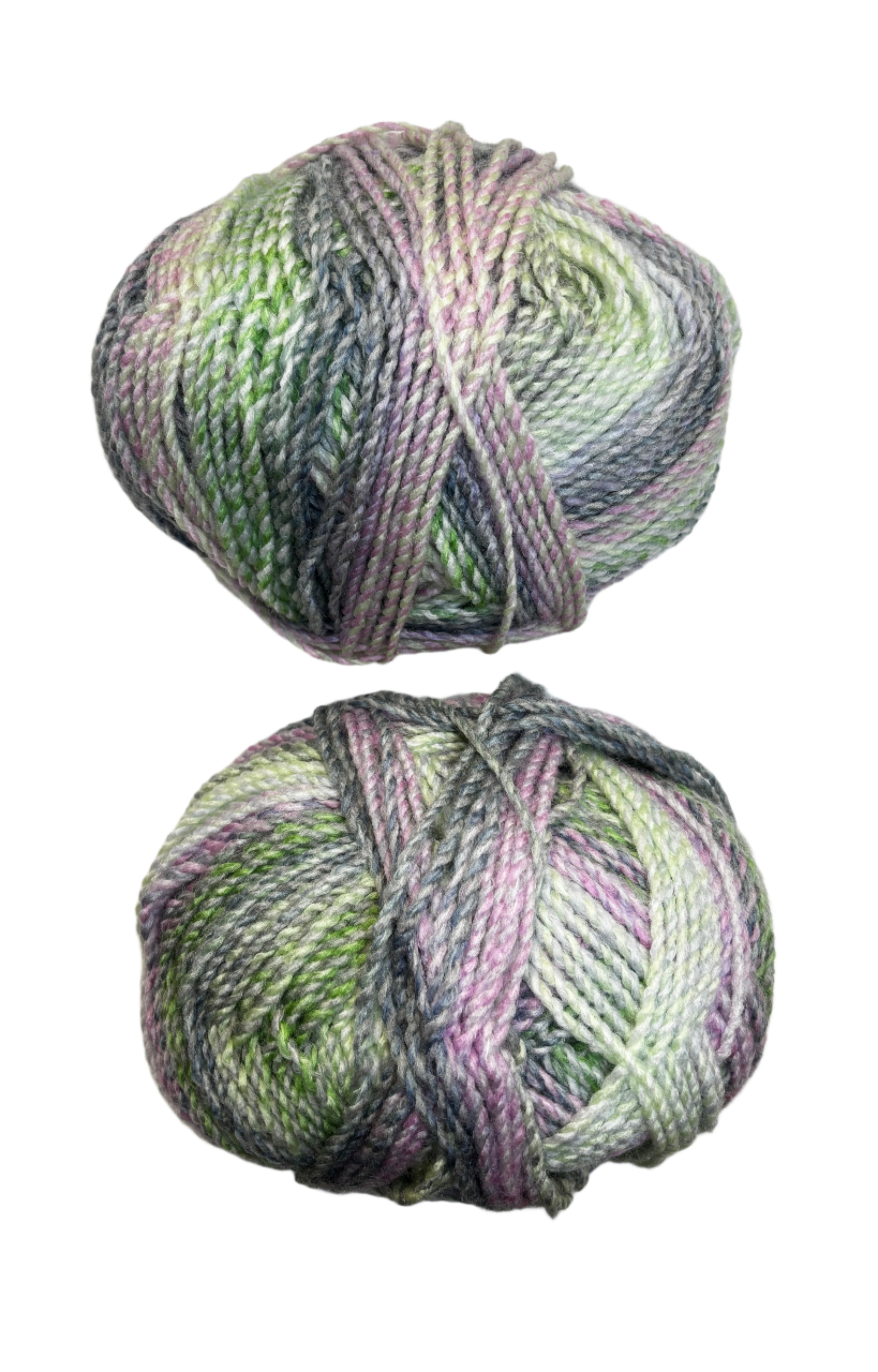 A variegated skein of yarn in the colors green mauve white grey
