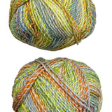 A variegated skein of yarn in the colors yellow orange green blue grey