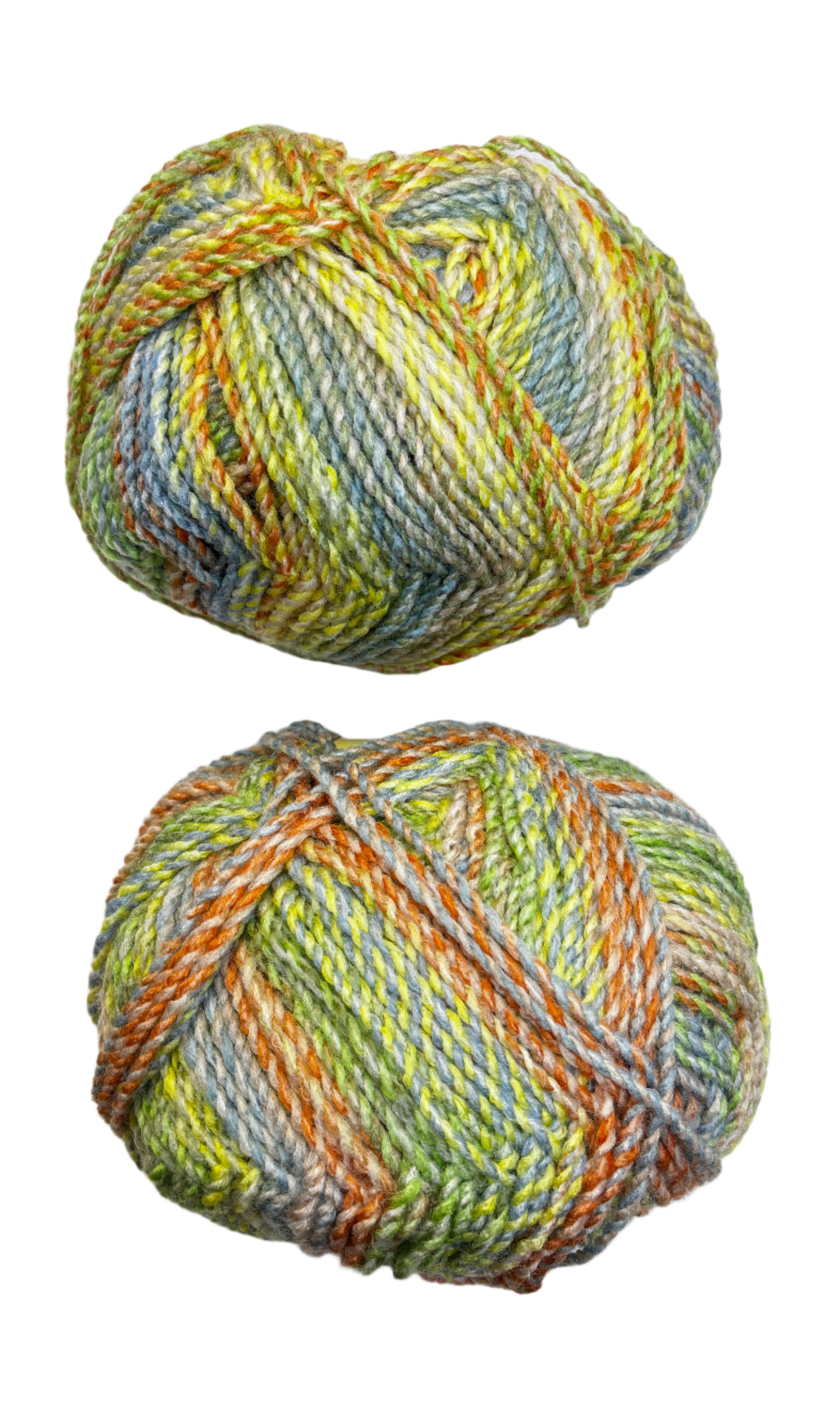A variegated skein of yarn in the colors yellow orange green blue grey