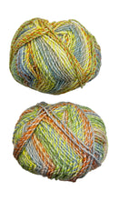 A variegated skein of yarn in the colors yellow orange green blue grey