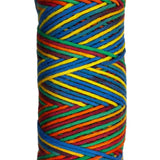 Red, Orange, Blue, Yellow, Green striped skein of yarn