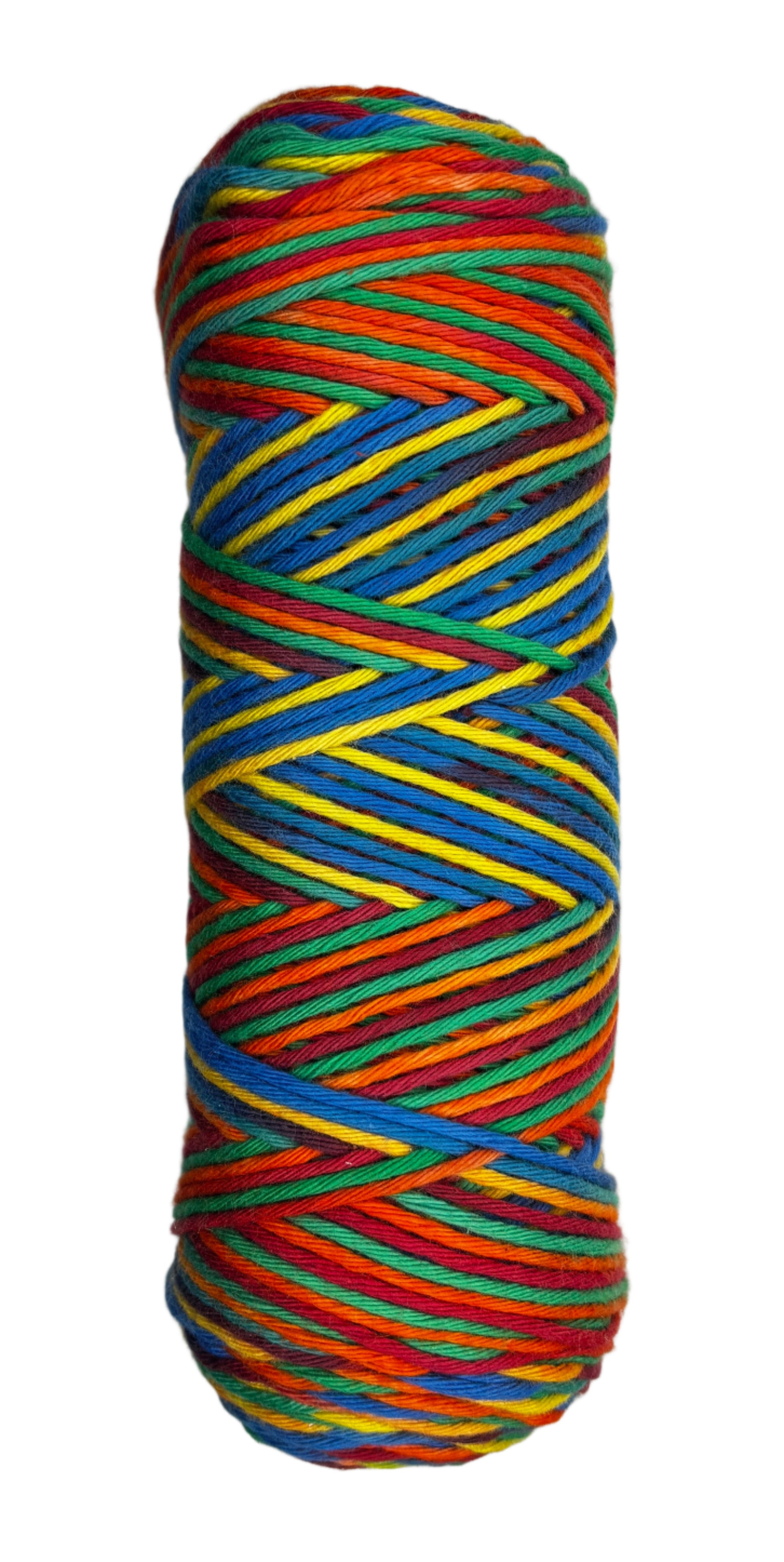 Red, Orange, Blue, Yellow, Green striped skein of yarn