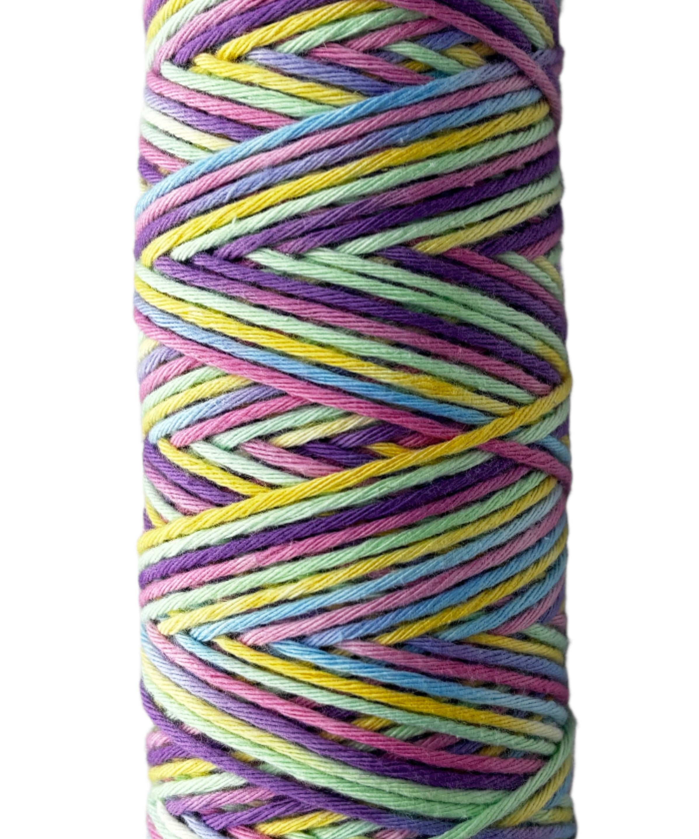 Pastel Pink, Blue, Yellow, Purple striped skein of yarn
